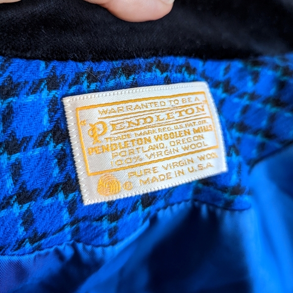 PENDLETON Vintage Blue Black Plaid Velvet Collared Wool Blazer Skirt Set Size 6 - Picture 11 of 16